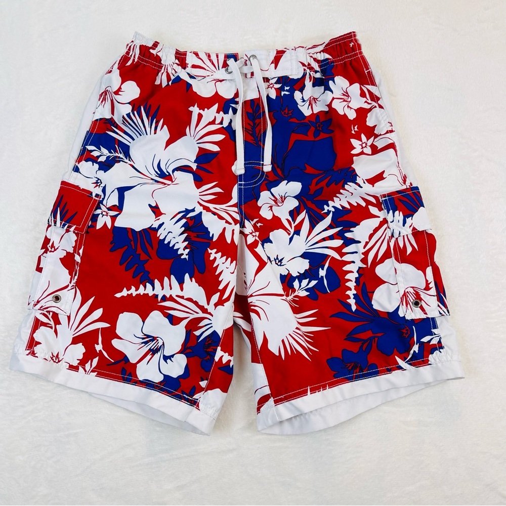 Roundtree & Yorke Hawaiian Swim Trunks Mens Small Blue White Red Floral Beach